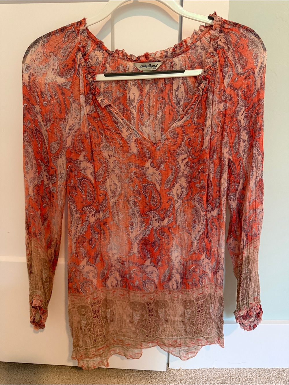 Lucky Brand Sheer Lightweight Chiffon Paisley Pink LongSleeve Blouse Size Medium